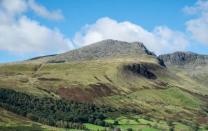 View of Scafell Pike in summer from the bottom of the valley. 
